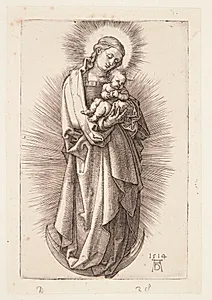 Madonna, med kort hår, vendt mod højre, stående på seglmåne by Albrecht Dürer