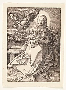 Madonna, siddende, krones af en engel by Albrecht Dürer