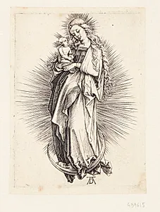 Madonna stående på seglmåne (langhåret, barhovedet, vendt mod venstre) by Albrecht Dürer