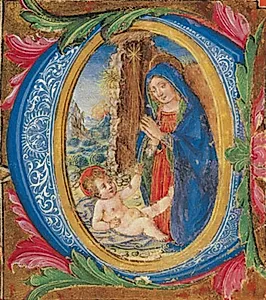 Madonna tilbedende Jesus-barnet i illumineret initial C by Ubekendt