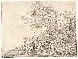 Mænd, der laster en båd med korn by Simon de Vlieger