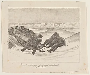 Mænd, der trækker en slæde fri ("PerKigsut amiákúnguisa náparsimassut uniapalârpait") by Lars Møller
