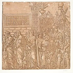 Mænd, kvinder og børn i procession by Andrea Andreani