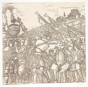 Mænd med krigsbytte, t.h. andre, der blæser i trompeter by Andrea Andreani