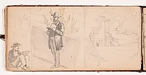 Maleren P.C. Skovgaard og litografen A. Kittendorff, begge tegnende; samt rids af en italiensk landejendom by Wilhelm Marstrand