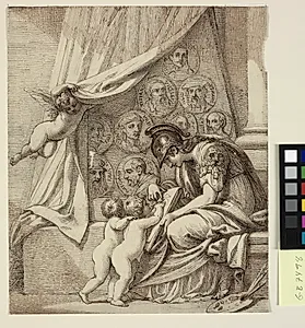 Maleriets genius, eller Minerva instruerer putti i malekunsten. Forlæg til Pierre Condés radering, Memorial to Robert Udney Esq.