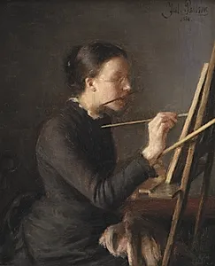 Malerinden Agnes Paulsen, kunstnerens søster, ved staffeliet