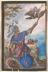 Malerkunstens geni flyvende på ryggen af en ørn viser sig for den knælende kejser Ferdinand II? by Bartholomäus Strobel (II)