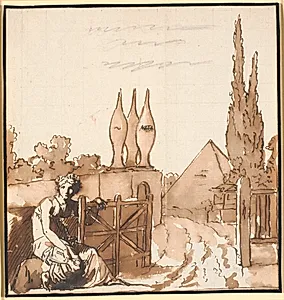 Målet for livsløbet. Allegorisk tegning. En kvinde åbner leddet til en kirkegård med metæ og pyramide by Nicolai Abildgaard