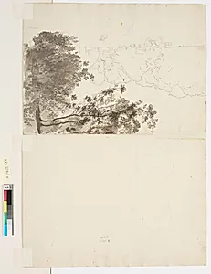 Malkende pige i en lysning mellem træer. by P.C. Skovgaard