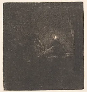 Mand der læser ved et lys by Rembrandt van Rijn