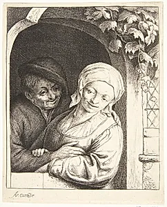 Mand, der omfavner en bondepige i en døråbning by Adriaen van Ostade