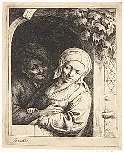 Mand, der omfavner en bondepige i en døråbning by Adriaen van Ostade