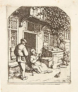 Mand i samtale med en kvinde, som vinder garn by Adriaen van Ostade