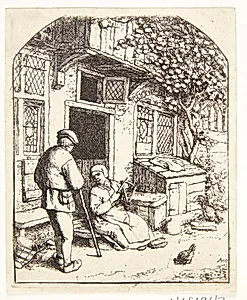 Mand i samtale med en kvinde, som vinder garn by Adriaen van Ostade