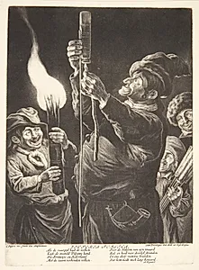 Mand med en raket, omgivet af børn by Cornelis Dusart