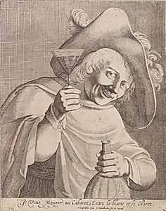 Mand med hævet glas og vinflaske i hånden (Je Veus Mourir au Cabaret ...) by Cornelis Danckerts I