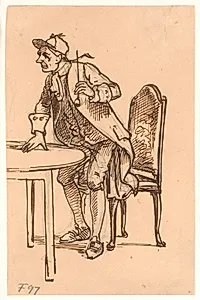 Mand med kasket og pibe rejser sig (diskuterende?) ved et bord by Wilhelm Marstrand