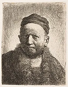 Mand med snæver hue (Rembrandts fader?). Lille plade by Rembrandt van Rijn
