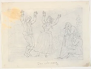 Mand og kvinde danser fandango. En ung mand der spiller guitar og en gammel kone ser til by J.F. Clemens