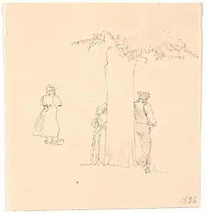 Mand og to koner stående ved et træ by Christen Købke