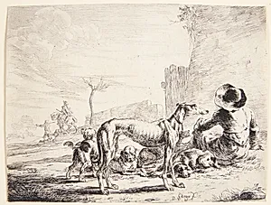 Mand set fra ryggen, siddende på jorden med fem hunde by Dirk Stoop
