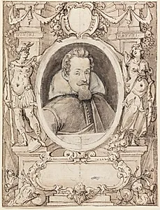 Mandeportræt. Ovalt brystbillede, en face t.h., indrammet af en arkitektonisk opbygning med kartoucher og to stående figurer, over hvilke indskrifterne Honori Virtuti by Aegidius Sadeler (II)