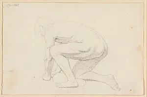 Mandlig model, der ligger støttet på armene og højre knæ, set fra siden og vendt venstre by Erling Eckersberg
