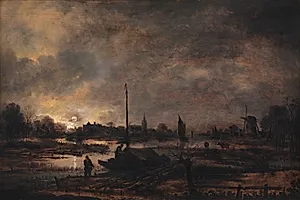 Månens opgang over en landsby by Aert van der Neer