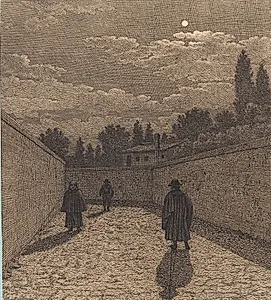 Måneskin over en vej med tre figurer. Illustration til "Linearperspectiven", Tavle IV by C.W. Eckersberg