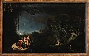 Måneskinslandskab med mytologisk (?) motiv by Moyses van Wtenbrouck