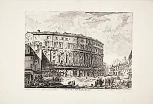 Marcellus' teater sammenbygget med Palazzo Orsini, i det fjerne kuplen på kirken Santa Maria in Campitelli by Giovanni Battista Piranesi