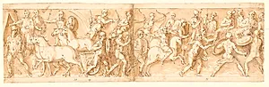 Marcus Aurelius ankommer til slaget, mens tropperne nedkæmper et sarmatisk angreb; sarmaterne beder om nåde by Giovanni Guerra