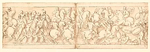 Marcus Aurelius drager over en bro med infanteri og kavaleri; sarmaterne drives tilbage af fremrykkende romere by Giovanni Guerra