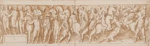 Marcus Aurelius modtager besked om kvindernes tilfangetagelse; Marcus Aurelius afslutter en march; en germansk høvding føres bort; høvdingens sidste mænd falder by Giovanni Guerra