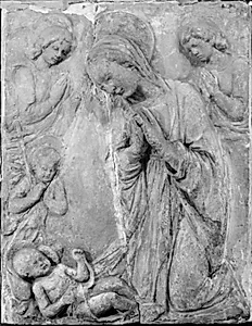Maria, den lille Johannes Døberen og to engle tilbeder Jesusbarnet by Ubekendt