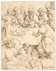 Maria Magdalene salver Kristi fødder (Kristus hos Simon) by Maarten van Heemskerck