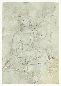 Maria med Jesus-barnet, siddende foran et draperi. I baggrunden i en døråbning en mand by Ubekendt