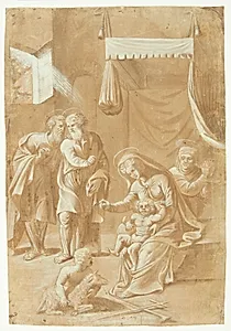 Maria med Jesusbarnet, Johannes Døberen, Elisabeth, Josef og Zakarias by Ubekendt