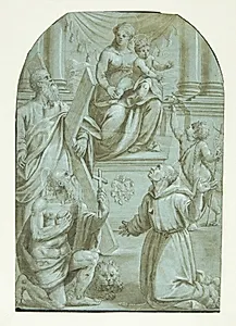 Maria med Jesusbarnet tronende, omgivet af apostlen Andreas, Johannes Døberen som barn, den hellige Jeronimus og den hellige Frans af Assisi by Ubekendt