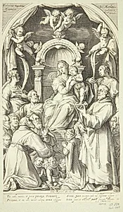 Maria og barnet med donorer og helgener (Sankta Lucia, Katarina af Alexandria, Frans af Assisi og medlemmer af Zuccaro-familien) by Jacob Matham