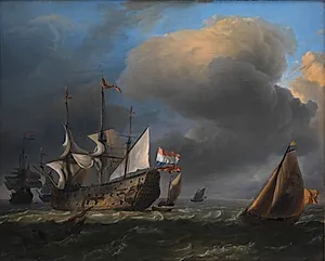 Marine med hollandske krigsskibe og fiskerbåde