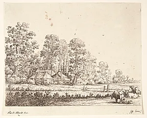 Mark med en pige, der malker en ko, i baggrunden en gård omkranset af træer by Herman Saftleven