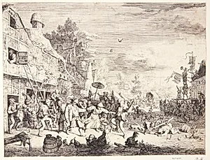 Markedsdag med festende bønder i en landsby by Cornelis Dusart