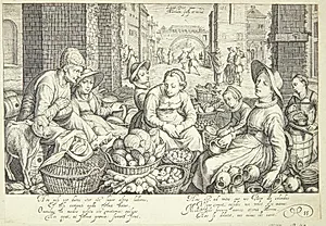 Markedsscene i en by by Jacob Matham