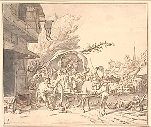 Markedsscene med drukne bønder i en vogn foran et værtshus by Cornelis Dusart