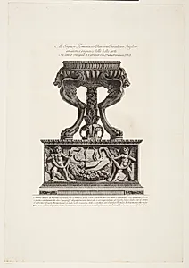 Marmoralter i form af en trefodet vase, fra Hadrians Villa, placeret på et monument fra Palazzo Barberini by Giovanni Battista Piranesi