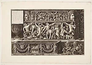 Marmorrelieffer og en sarkofag med et relief forestillende giganternes kamp mod Jupiter. Fundet nær S. Costanza's grav i 1748 by Giovanni Battista Piranesi