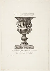 Marmorvase, dekoreret med fire masker, som repræsenterer de fire årstider og de fire livsaldre by Giovanni Battista Piranesi