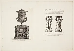 Marmorvase med frise af griffer, der flankerer en kandelaber, samt to afbildninger af en opsats dekoreret med en gruppe af kvinder by Giovanni Battista Piranesi